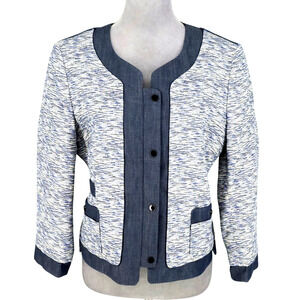 Adrianna Papell Jacket Womens 14 Blue Ivory Blazer Lined Full Zip Snaps Pockets